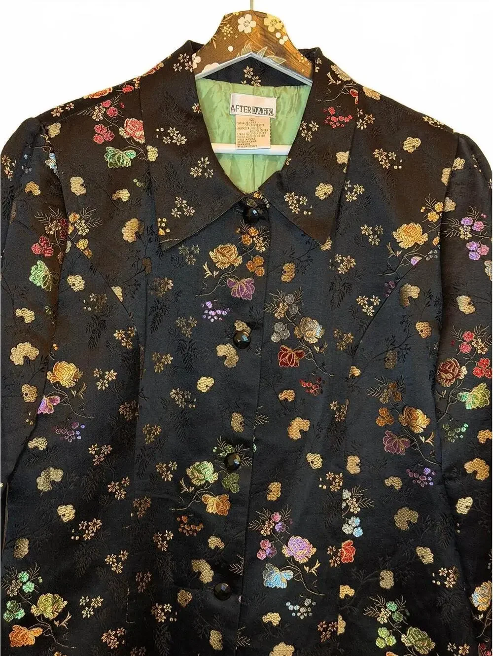 Black Floral Brocade Coat Silk Blend Chinoiserie Evening Formal Jacket Size L